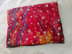 Vibrant Leheriya Saree with Floral Embroidery