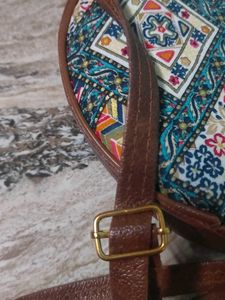 Round Boho Sling Bag with Teddy Bear Patch