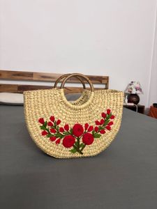 Seagrass Straw Handbag with Floral Embroidery