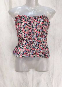 I. Floral Ruffle Strapless Top