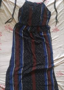 Long Dress Black With Tie Up Shoulder Straps And Brown And Blue Detail