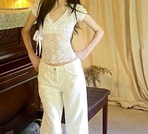 y2k White Lace V-Neck Top