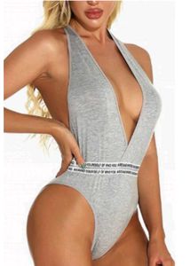 Grey Plunging Neck Bodysuit