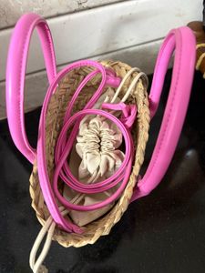 Chic Straw Bag with Pink Handles