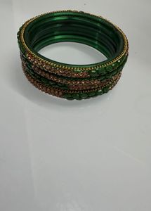 Green Glass Bangles with Gold Embellishments