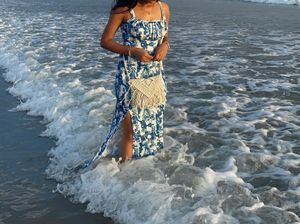 Blue &amp; White Floral Print Midi Dress