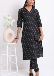 Stylish Black Ikat Print Kurta Set