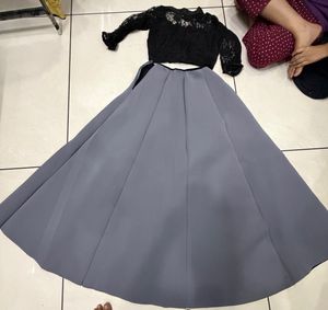 Elegant Lace Top &amp; Grey Skirt Set