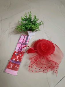 Combo Set Red Fascinator Hat &amp; LV Style Scarf