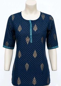Navy Blue Kurta with Golden Leaf Print