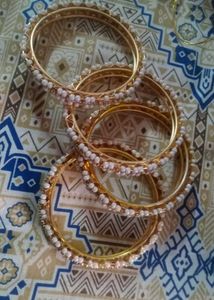 Set of 4 Pearl &amp; Gold Bangles