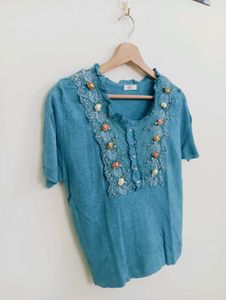 Blue Embroidered Boho Blouse
