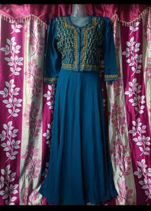Elegant Teal Gown with Gold Embroidery