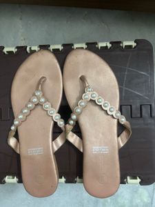 Zudio  Rose Gold Pearl Embellished Flip Flops