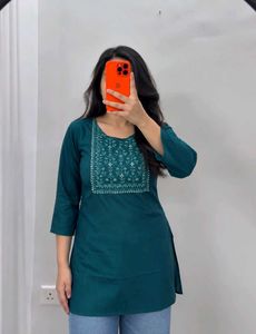 Elegant Teal Kurta with White Embroidery