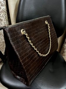 Brown Tote with Gold Chain