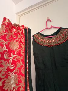 dark green Kurta with Red Dupatta heavy neckline