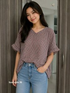 Plaid V-Neck Ruffle Sleeve Top