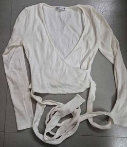 White Ribbed Wrap Top