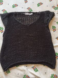 Black Crochet V-Neck Top