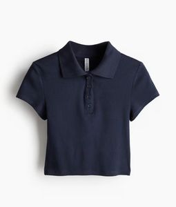 H&amp;M Navy Ribbed Cropped Polo Shirt