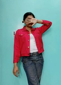 Women Solid Red Denim Jacket L Size
