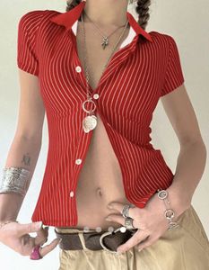 Chic Red Striped Button-Up Top