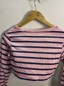 Pink Striped Cropped Long Sleeve Top