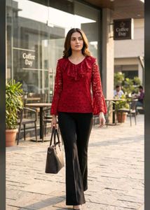Elegant Red Lace Bell Sleeve Top