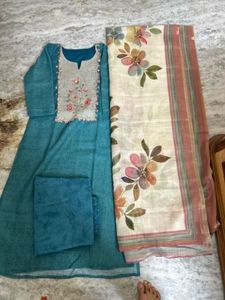 Beautiful Teal Kurta Set with Floral Dupatta