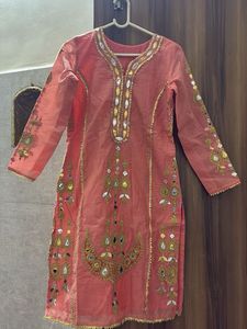 Beautiful Peach Mirror Work Kurta