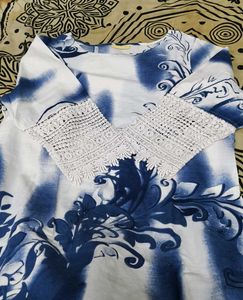 Mustard Women Blue &amp; White Printed Cotton Suit