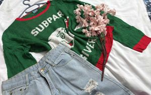 Y2K Elephant Printed Green &amp; Red Sweater