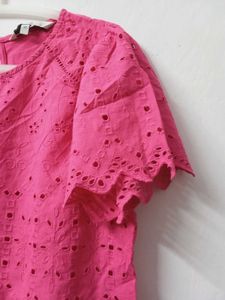 Bright Pink Eyelet Short Sleeve Top