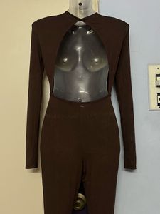 PrettyLittleThings Brown Ribbed Long Sleeve Jumpsu