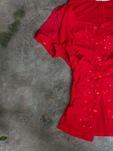 Chic Red Embellished Button-Up Top