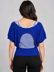 Blue Dolman Sleeve Top with Striped Underlayer