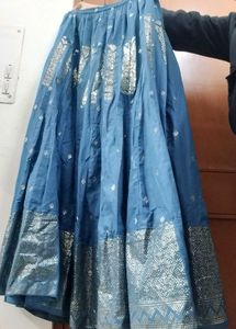 Blue Ethnic Skirt with Silver Print