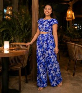 Blue Floral Crop Top &amp; Wide Leg Pants Set