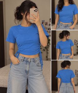 Blue Ruched Drawstring Cropped Tee
