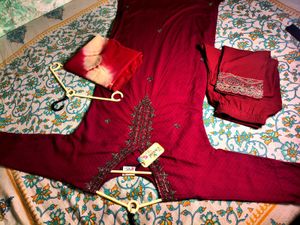 Maroon Embroidered Kurta Set with Pants &amp; Dupatta