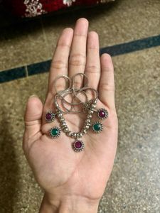 Oxidised Silver Necklace with Green & Pink Stones