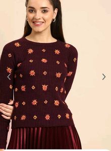 Urgent Sell Floral Embroidered Burgundy Sweater