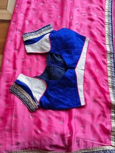 Beautiful Pink Saree with Blue Blouse