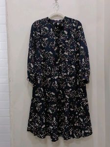 Women's Navy Blue Floral Print Midi Dress,