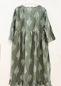Green Printed Dress/Kurta with Ruffle Hem