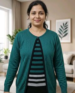 Stylish Teal Cardigan with Striped Inner attached