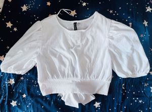 H&amp;M White Puff Sleeve Cropped Top