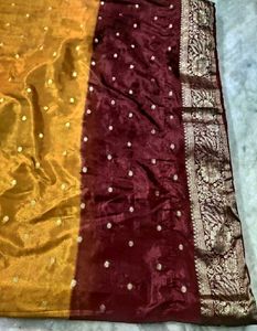 mustard yellow meroon Pure Silk Saree