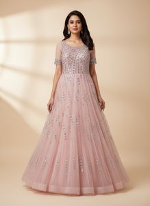 Stunning Pink Sequined Gown with shawl